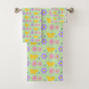 Mothers Day Flowers and Butterflies Patterned Bath Towel Set