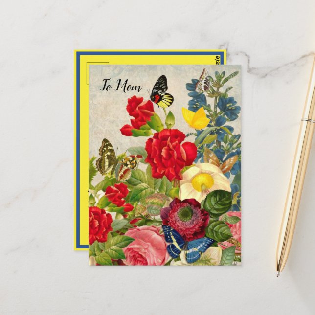 Mother's Day Garden Carnations Roses Butterflies Postcard (Front/Back In Situ)
