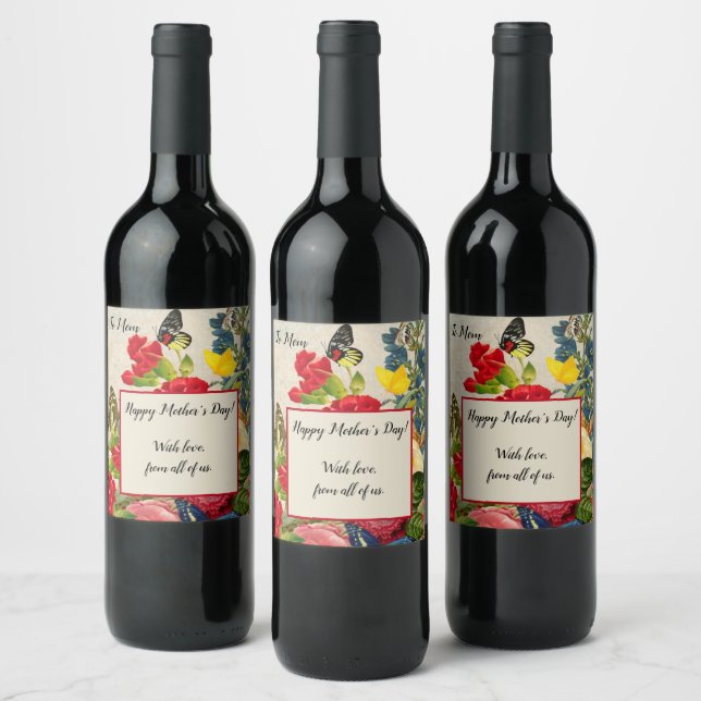 Mother's Day Garden Carnations Roses Butterflies Wine Label (Bottles)