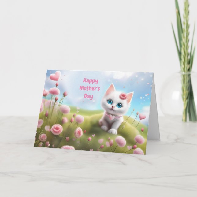 Mothers Day General with Cute White Kitten  Card (Front)