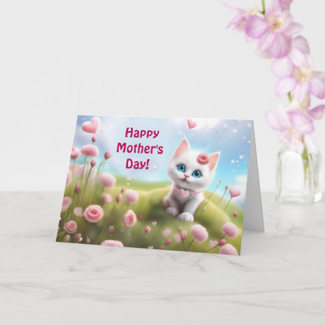Mothers Day General with Cute White Kitten  Card (Orchid)