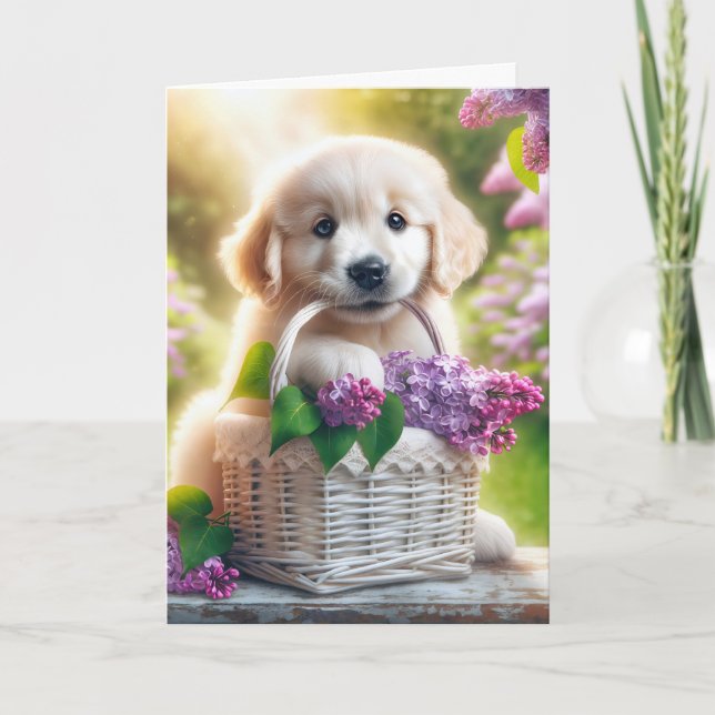 Mother's Day Golden Retriever Puppy With Lilacs Card (Front)
