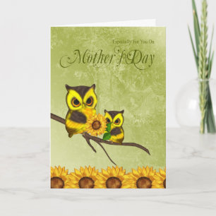 Mother's Day Greeting Card With Owls And Sunflower