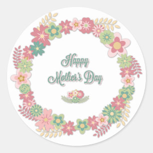 Mother's Day-"Happy Mother's Day" - Floral Wreath Classic Round Sticker