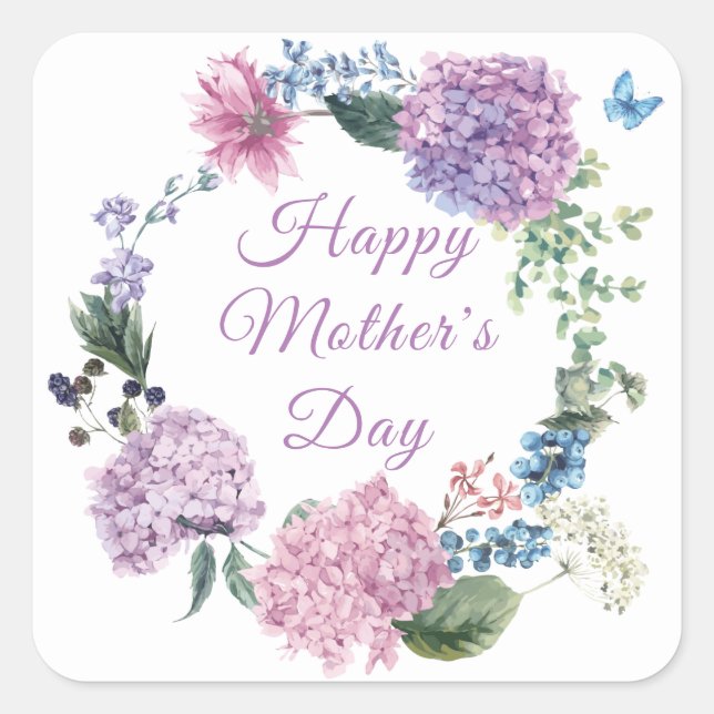 Mother's Day Hydrangea Elegant Floral Holiday Square Sticker (Front)