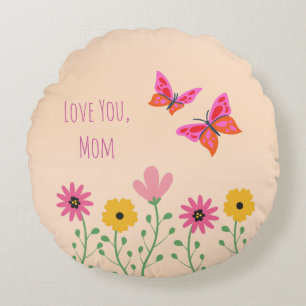 Mothers Day,I Love You Mom,Flowers Pattern Round Pillow