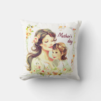 Mother's Day Illustration with Flowers Throw Pillow