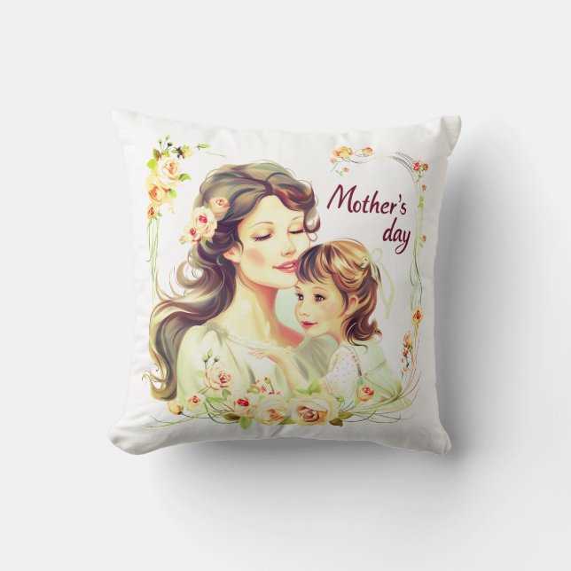 Mother's Day Illustration with Flowers Throw Pillow (Front)