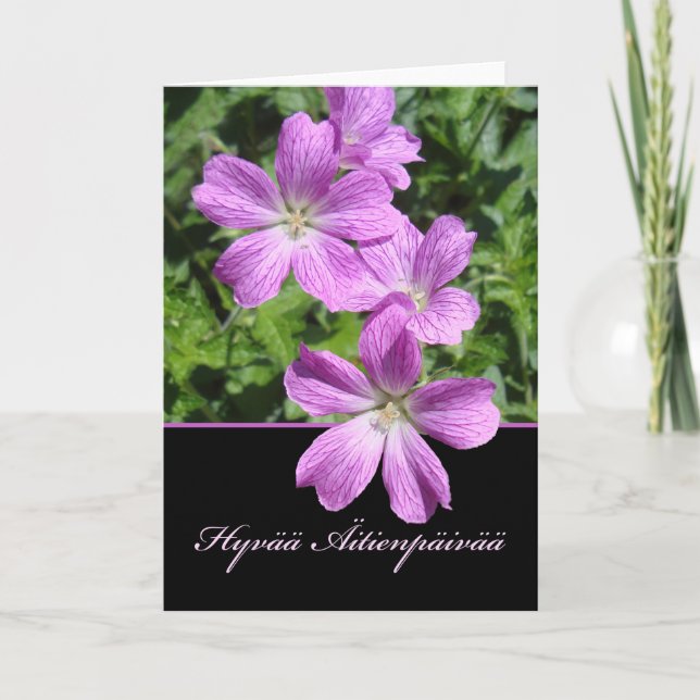 Mother's Day in Finnish, Violet Coloured Geraniums Card (Front)