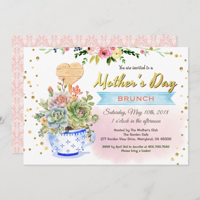 Mother's day invitation. Watercolor succulent Invitation (Front/Back)