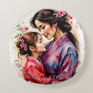 Mother's Day Kimono Art with Floral Embrace Round Pillow