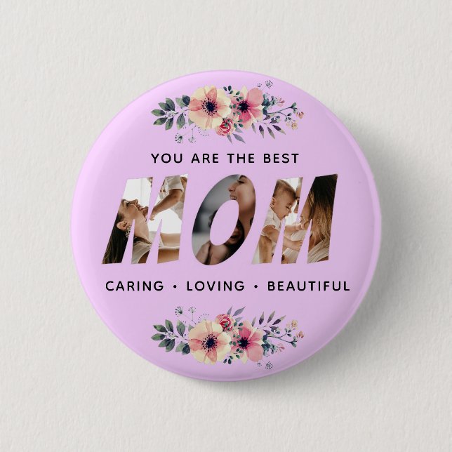 Mothers Day Lavender Floral Photo Button Pin (Front)