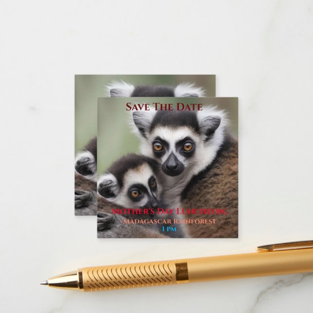 Mothers Day Luncheon Invitation Mom And Baby Lemur (Front/Back In Situ)