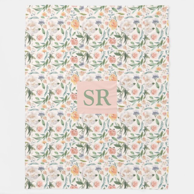 Mother's Day Monogram Watercolor Floral Botanical Fleece Blanket (Front)
