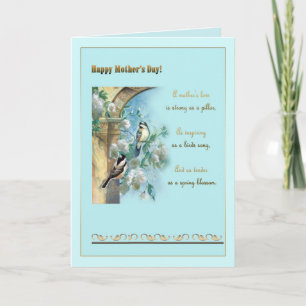 Mother's day, old pillar, roses and chickadees card