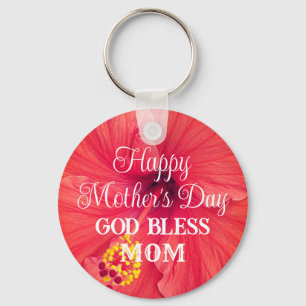 Mother's Day Orange Hibiscus Flower God Bless Mom  Keychain