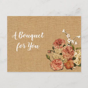 Mothers Day Peach Roses Bouquet Rust Burlap Fabric Postcard