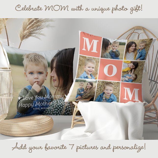 Mother's Day Personalized 7 Photo Collage MOM  Throw Pillow (Creator Uploaded)