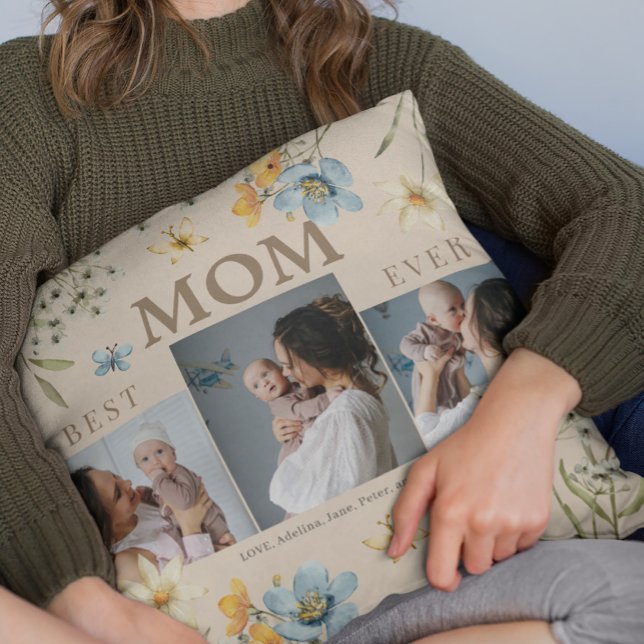 Mother's Day photo collage modern floral love Throw Pillow (Creator Uploaded)