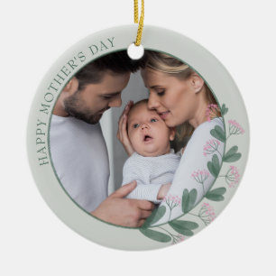 Mother's Day Photo Framed with Pink Wildflower Ceramic Ornament