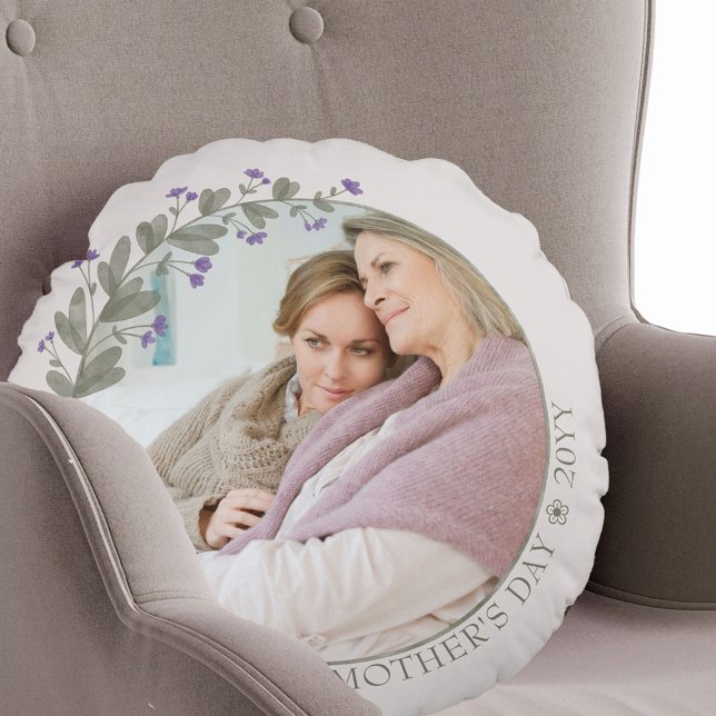 Mother's Day Photo Purple Wildflower Floral Frame Round Pillow (Creator Uploaded)