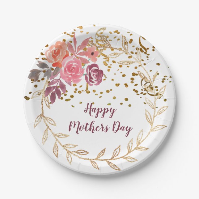 Mother's Day Pink And Marsala Gold Glitter Floral Paper Plate (Front)