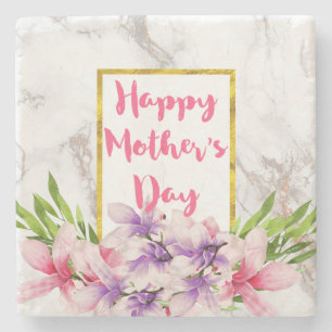 Mother's Day Pink and Purple Watercolor Magnolias Stone Coaster