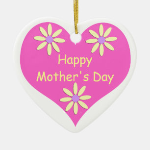 Mother's Day Pink Heart and Yellow Flowers Ceramic Ornament