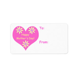 Mother's Day Pink Heart and Yellow Flowers Label