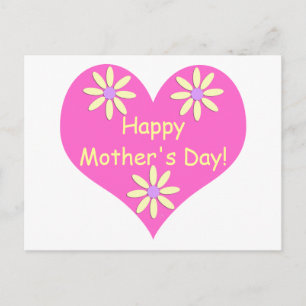 Mother's Day Pink Heart and Yellow Flowers Postcard