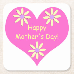 Mother's Day Pink Heart and Yellow Flowers Square Paper Coaster