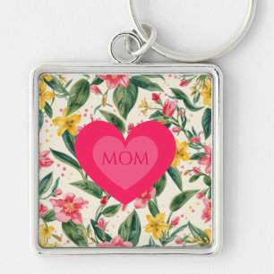 Mothers Day,Pink Love Heart and Flowers Pattern Keychain