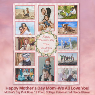 Mothers Day Pink Rose Photo Collage Fleece Blanket