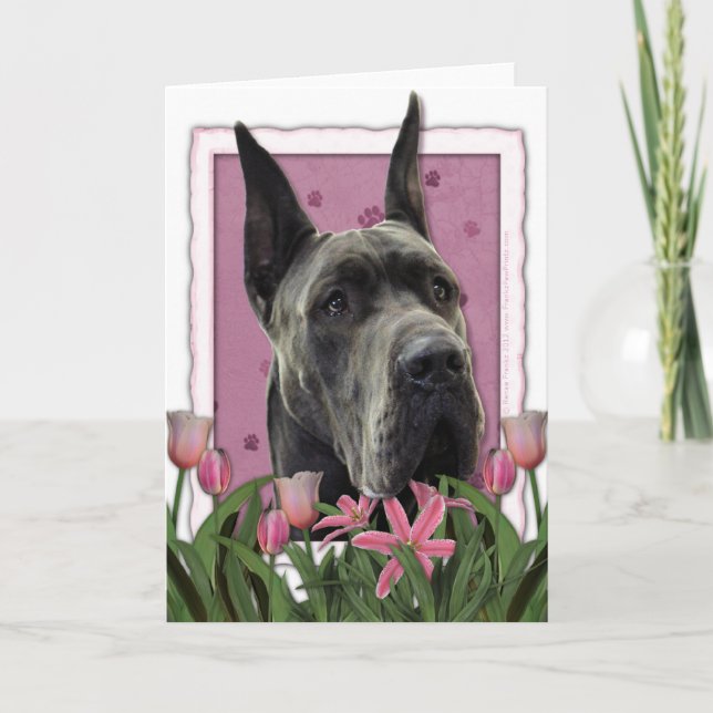 Mothers Day - Pink Tulips - Great Dane - Grey Card (Front)