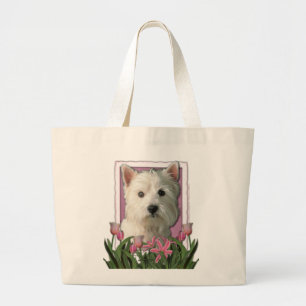 Mothers Day - Pink Tulips - Westie Large Tote Bag