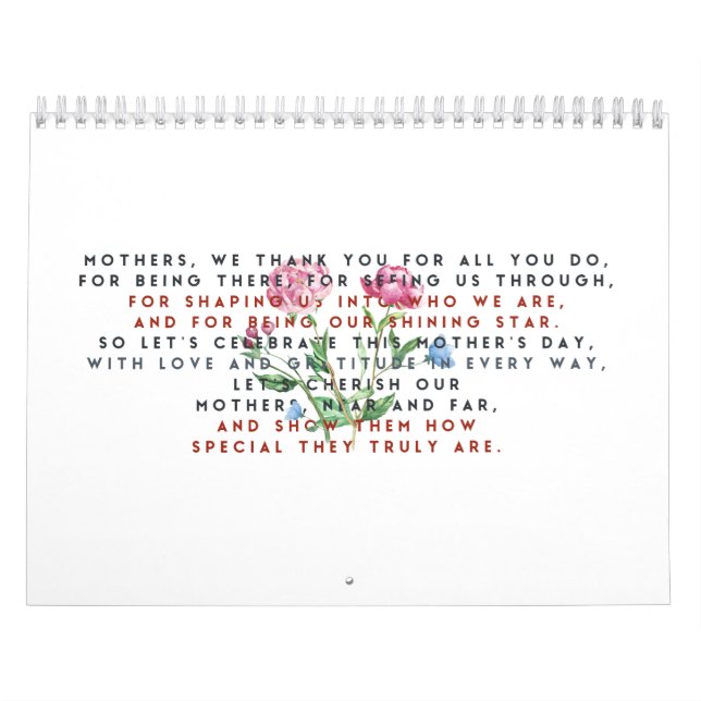 mothers day poem and flowers  calendar (Cover)