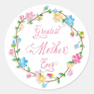 Mother's Day Pretty Floral Wreath 3 Word Art Classic Round Sticker