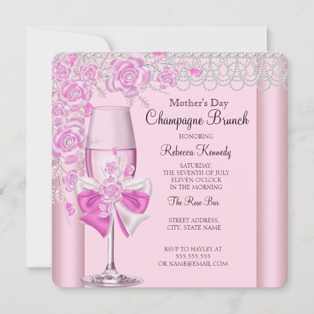 Mother's Day Pretty Pink Rose Champagne Brunch 2C Invitation (Front)