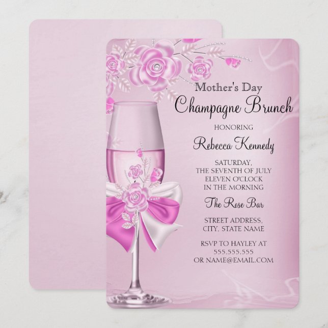Mother's Day Pretty Pink Rose Champagne Brunch Invitation (Front/Back)