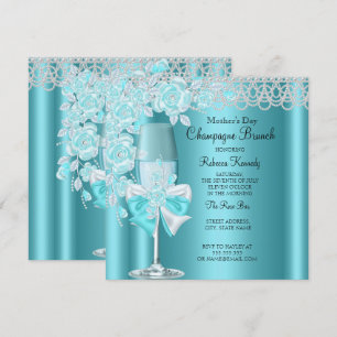 Mother's Day Pretty Teal Rose Champagne Brunch 2B Invitation