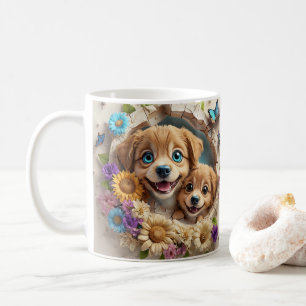 mother's day Puppies Surrounded By Colourful Flowe Coffee Mug
