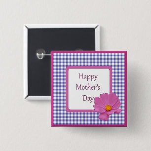 Mother's Day Purple Flower and Gingham Design 2 Inch Square Button
