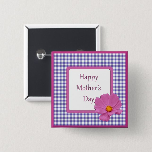 Mother's Day Purple Flower and Gingham Design 2 Inch Square Button (Front & Back)
