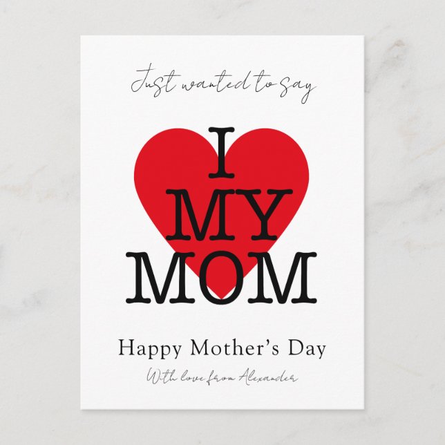 Mothers day quote i love my mom red heart budget holiday postcard (Front)