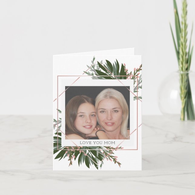 Mother's Day Rose Gold Floral Personalized Photo Holiday Card (Front)