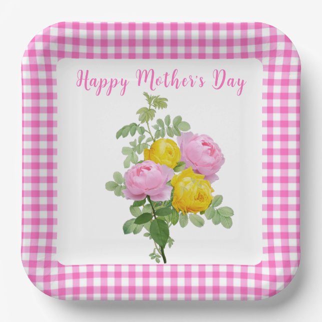 Mother's Day Roses with Pink Gingham   Paper Plate (Front)