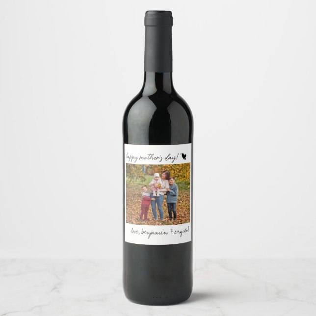 Mother's Day Script Calligraphy Custom Photo Wine Label (Front)