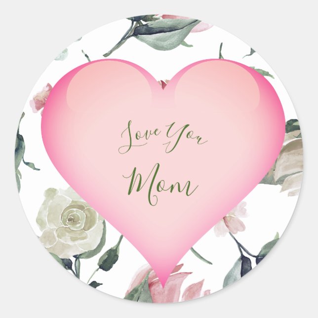 Mothers Day Simple Floral Pink Heart Personal Classic Round Sticker (Front)