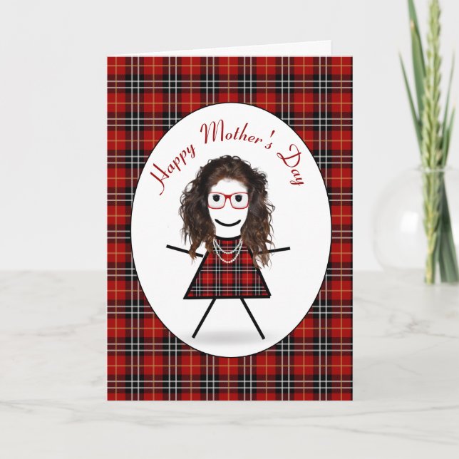 Mother's Day Stick Girl On Tartan Plaid Holiday Card (Front)