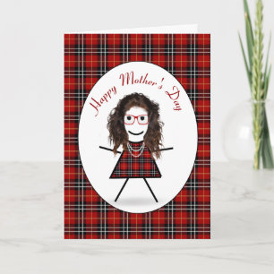 Mother's Day Stick Girl On Tartan Plaid Holiday Card